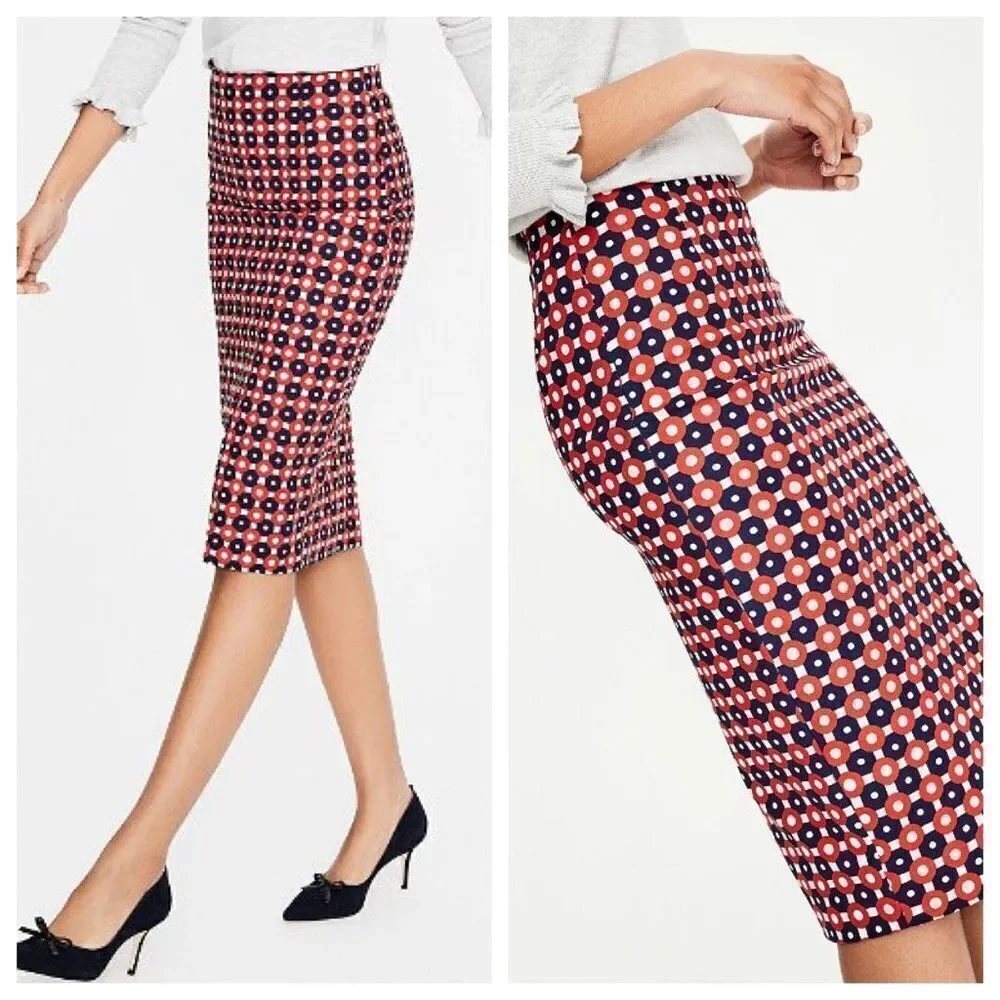 NWOT Boden Richmond MIDI Pencil Skirt Cotton Printed Navy Red White‎ Size 4 Long